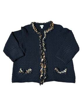 Chico's Black Knit Cardigan with Leopard Print Ruffle Lace Trim Size 3 (XL)